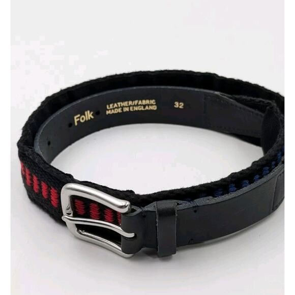 Folk Men's Woven Leather Fabric Belt Size 32 Black Red Blue Made in England - Picture 5 of 7